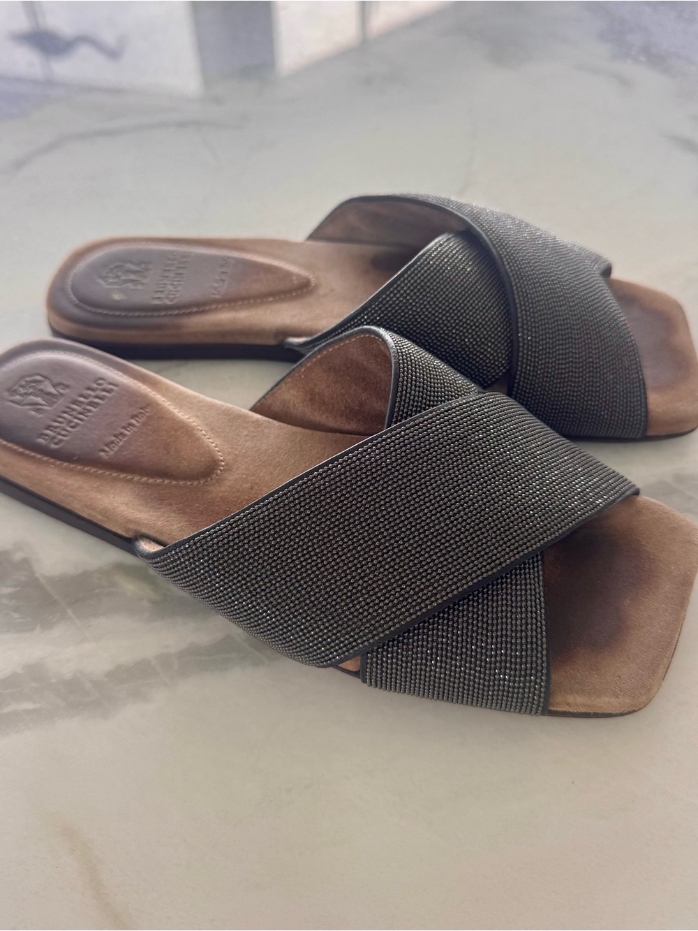 Brunello Cucinelli Monili Crossover Slide Sandals Brown 37